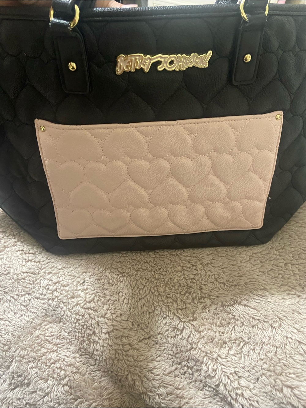 Betsey Johnson Black Tote with Light Pink Heart-Quilted Front Pocket